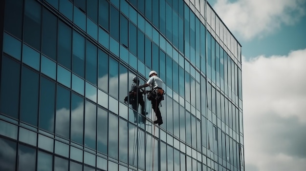 A man on a glass building washes a window