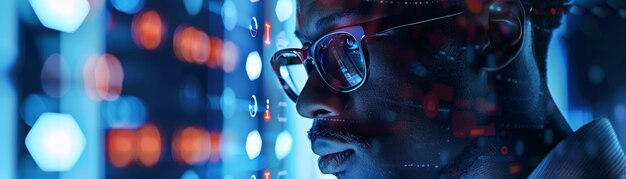 A man in glasses gazes intently at a screen representing focus technology innovation proble