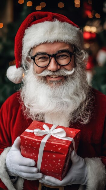 a man in glasses holding a christmas gift