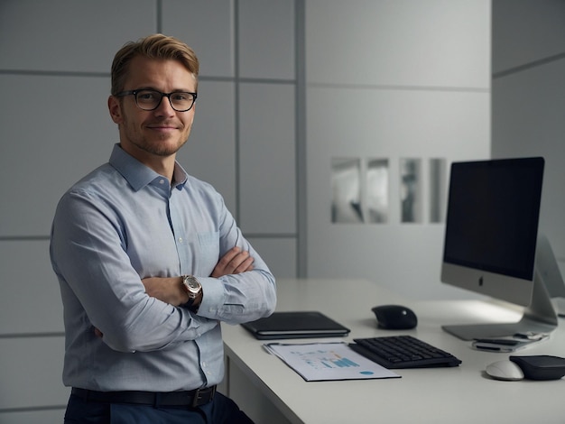 a man in glasses is standing in front of a computer monitor