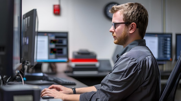 a man in glasses is working on a computer with a monitor behind him