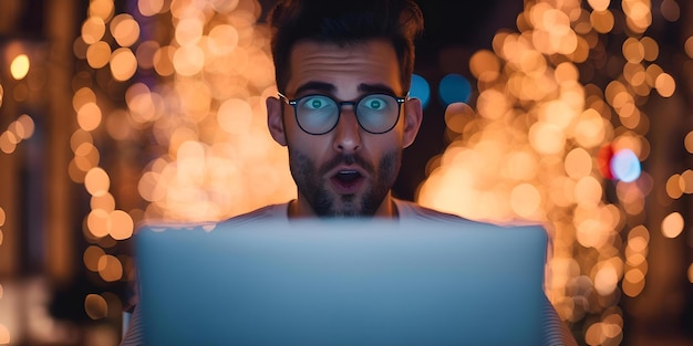 Photo man in glasses looking surprised while reacting to laptop screen with warm blurry lights concept technology emotion surprise eyewear communication