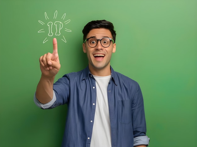 a man in glasses pointing at a green board with a light bulb above his head