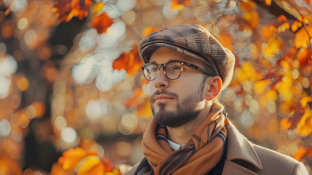 Photo a man in glasses and a scarf stands in the autumn forest