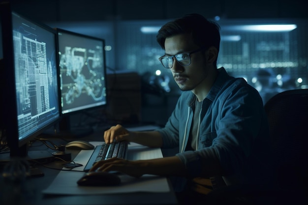 A man in glasses sits at a computer in a dark room, with a map of the world on the screen.