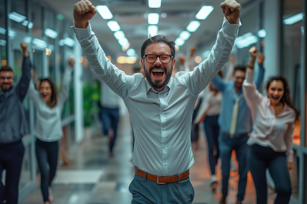 Man in glasses and tie with raised arms