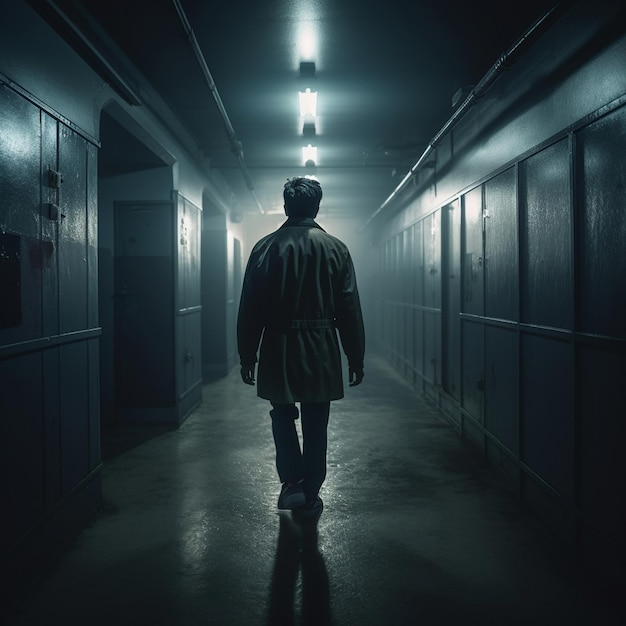 Man in a gloomy corridor with different light sources