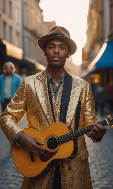 a man in a gold jacket playing a guitar