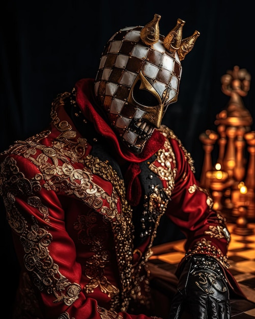 A man in a gold and red suit with a crown and a chess set on it.