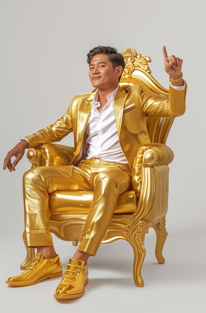 a man in a gold suit sits on a gold chair pointing up