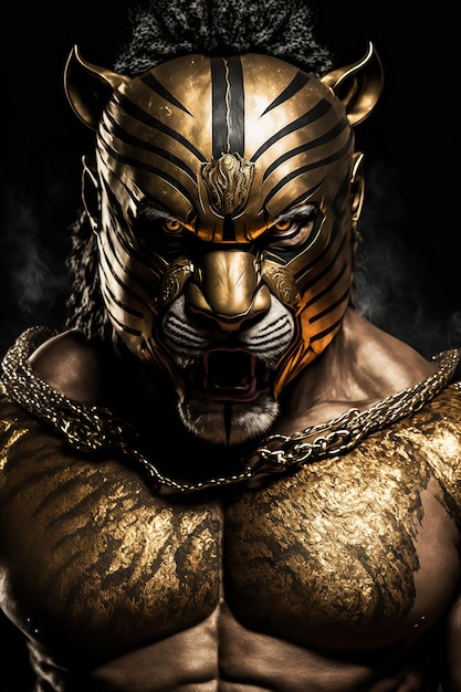 A man in a gold tiger suit with gold stripes on his face