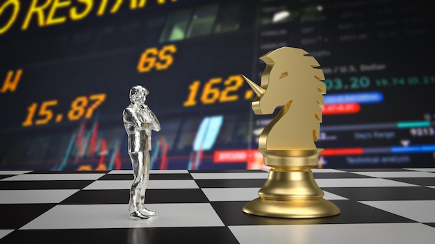 Man and gold unicorn chess for Business concept 3d rendering