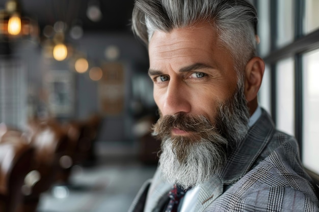 Man Good Hair Barber Shop Concept for Dealing with Gray Roots in Grooming Attractive Mature Model