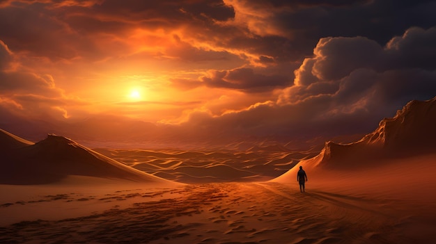 A man gracefully treads through a vast desert covered