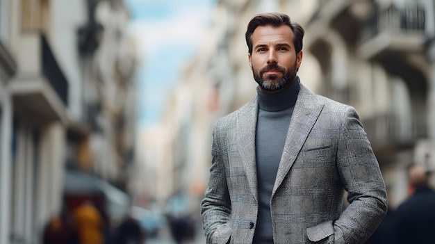 A man in a gray patterned blazer and turtleneck standing in a city setting