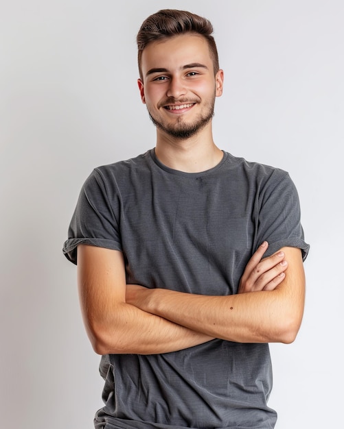 A man in a gray shirt stands with arms crossed smiling