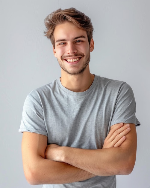 A man in a gray shirt stands with arms crossed smiling