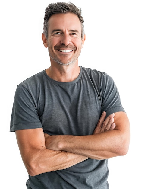 A man in a gray shirt stands with arms crossed smiling