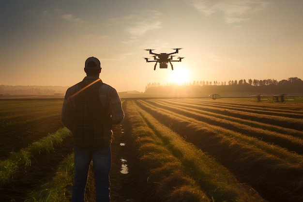 a man in the green farm fields flying a modern tech drone monitoring agriculture innovative concept