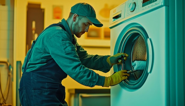 Photo a man in a green hat is putting a button on a washing machine