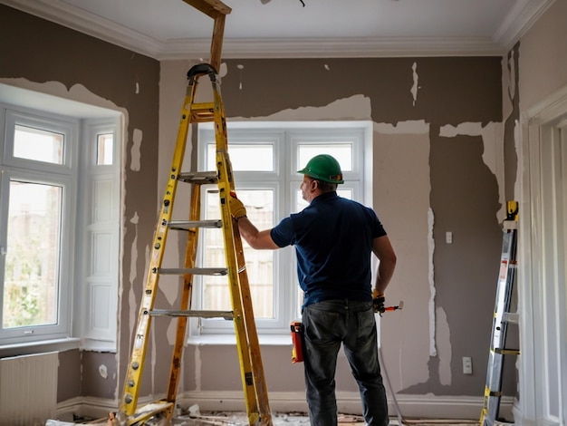 Photo a man in a green hat is standing in front of a ladder that is painted in white