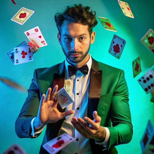 a man in a green jacket is playing cards with cards on them