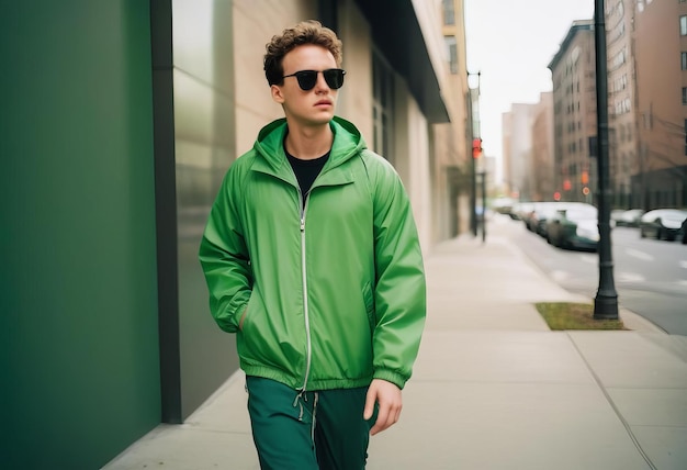 Photo a man in a green jacket and sunglasses