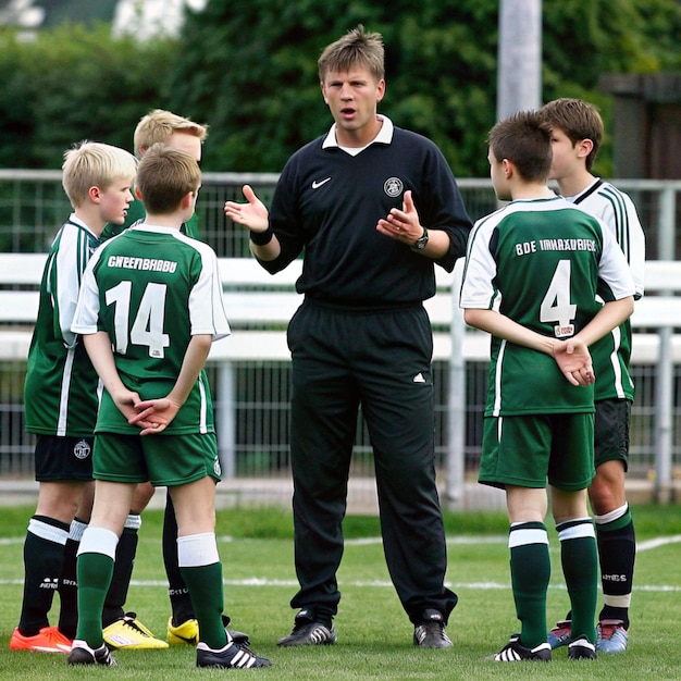 Photo a man in a green jersey talks to a group of boys