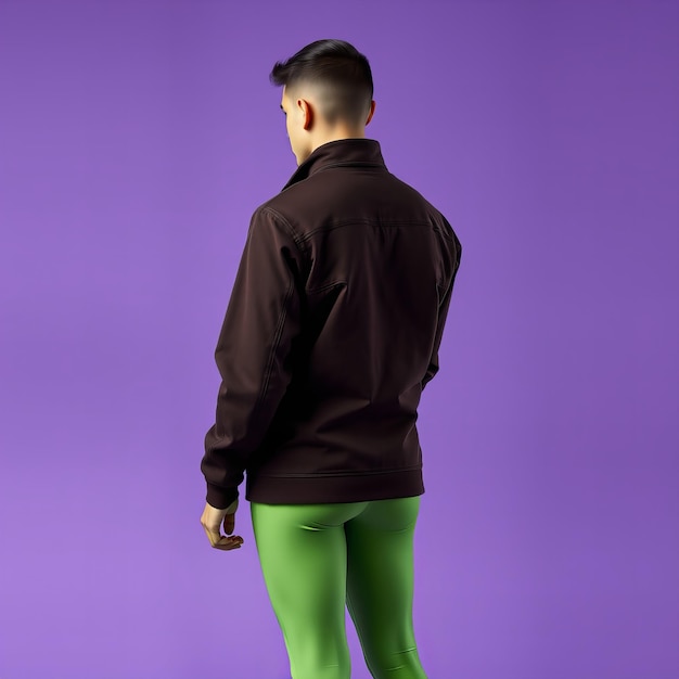 Photo a man in green pants and a black shirt stands in front of a purple background