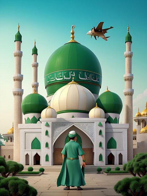 A man in a green robe is flying a bird above a building with Mawlid alNabi AI GENERATED