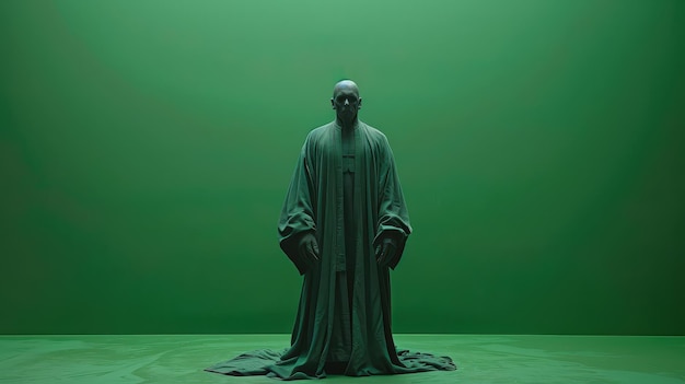 a man in a green robe stands in front of a green screen