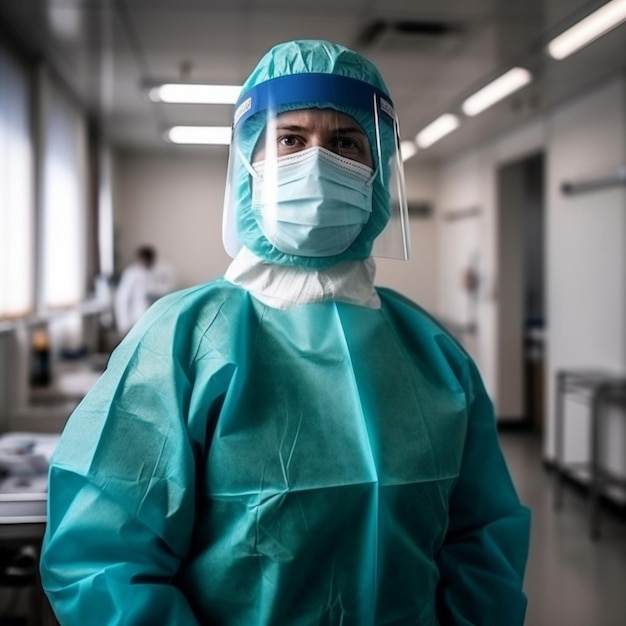 A man in a green scrubs and a mask stands in a hospital room.