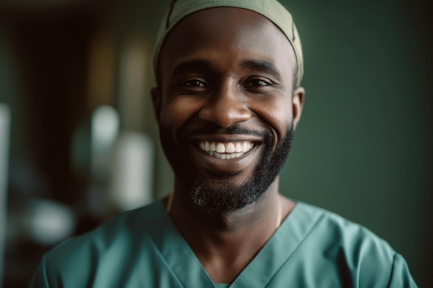 A man in green scrubs smiles at the camera