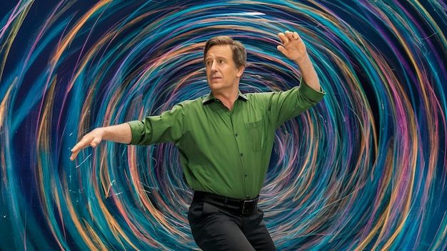 Photo a man in a green shirt is dancing in front of a colorful circular pattern