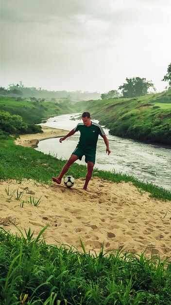 a man in a green shirt is kicking a soccer ball in the sand