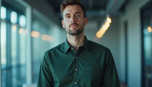 Photo man in green shirt standing in modern indoor environment