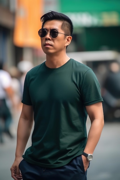 A man in a green shirt and sunglasses stands in the street.