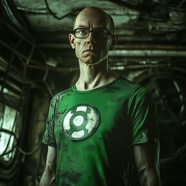 A man in a green shirt with a logo on it