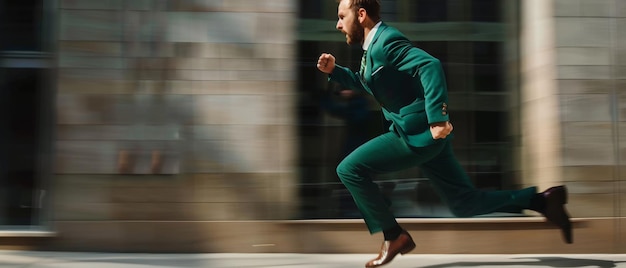 A man in a green suit sprints across a city street his pace blurring the background and capturing his urgency and determination