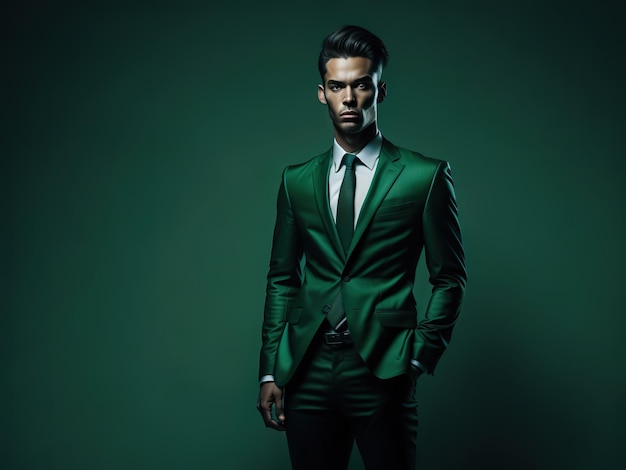 A man in a green suit stands in a dark green background.