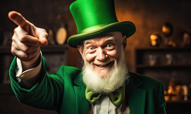 A man in a green suit and top hat pointing at the camera