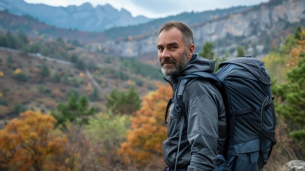 Photo a man in a grey jacket smiles at the camera while wearing a large backpack in front of a mountain landscape