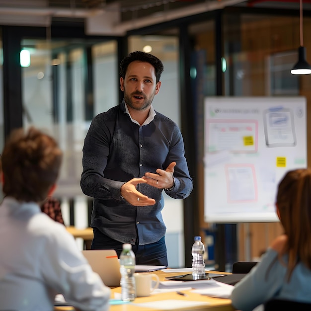 a man in a grey shirt is giving a presentation to a group of people