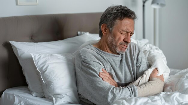 Photo a man in a grey shirt is sleeping on a bed with a pillow