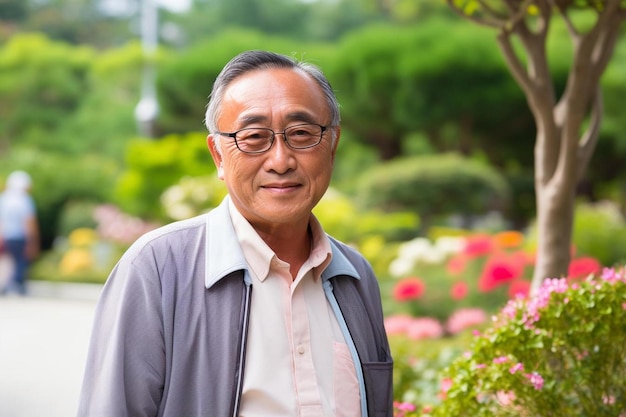 a man in a grey shirt is standing in front of flowers