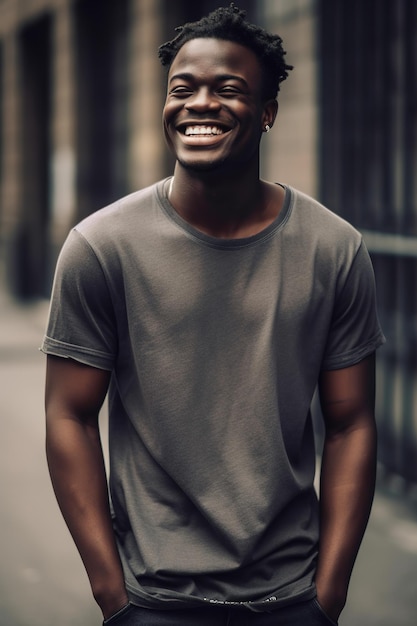 A man in a grey shirt smiles and smiles.