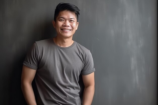 A man in a grey shirt stands in front of a black wall.