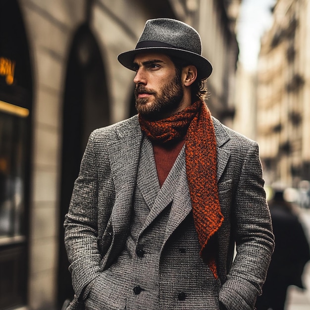 Photo a man in a grey suit and a hat is walking down the street