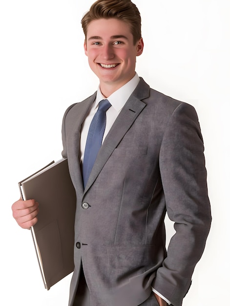 a man in a grey suit holding a folder with a folder in his hand