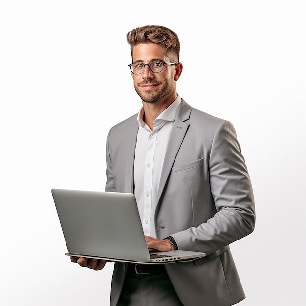 a man in a grey suit is holding a laptop